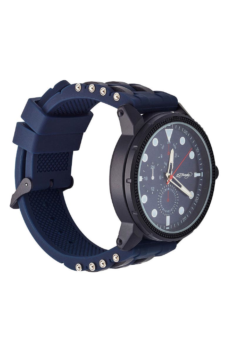 Ed Hardy Quartz Chronograph Silicone Strap Watch, 48mm, Alternate, color, Navy