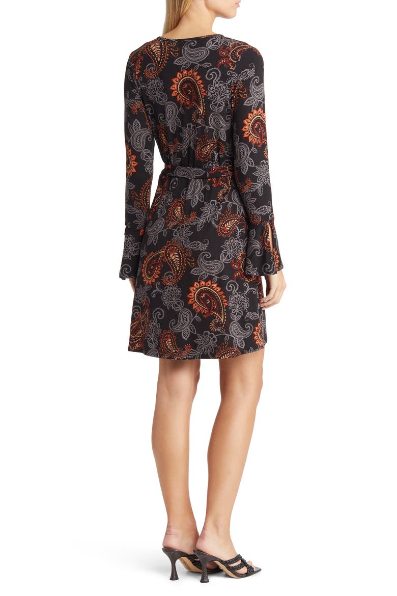 Paisley Long Sleeve Faux Wrap Dress, Alternate, color, BLACK