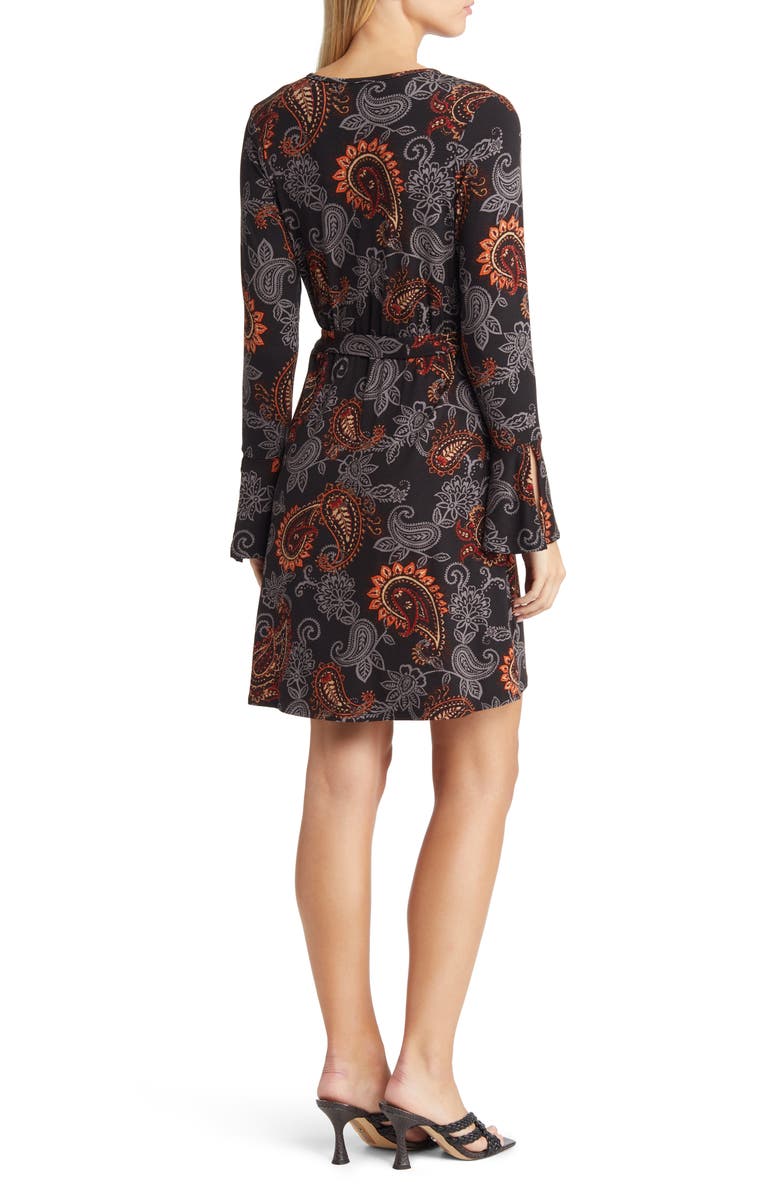 Loveappella Paisley Long Sleeve Faux Wrap Dress, Alternate, color, Black
