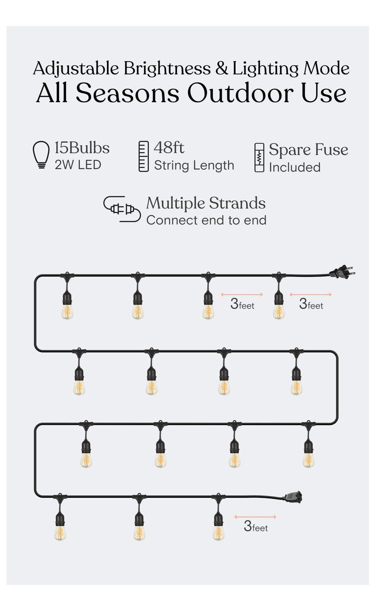 Brightech 48 ft, 15‑light Plug‑In Heavy Duty LED Outdoor String Lights, Weatherproof Spiral Filament Bulbs, Alternate, color, 48 Ft 15 Bulbs | Soft White