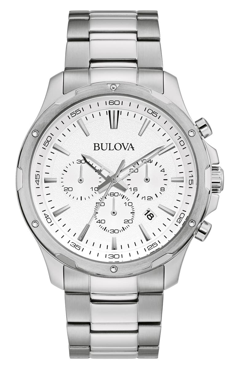 BULOVA Bracelet Strap Chronograph Watch, 43mm, Main, color, Silver