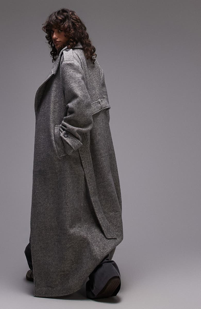 Topshop Longline Belted Herringbone Coat, Alternate, color,