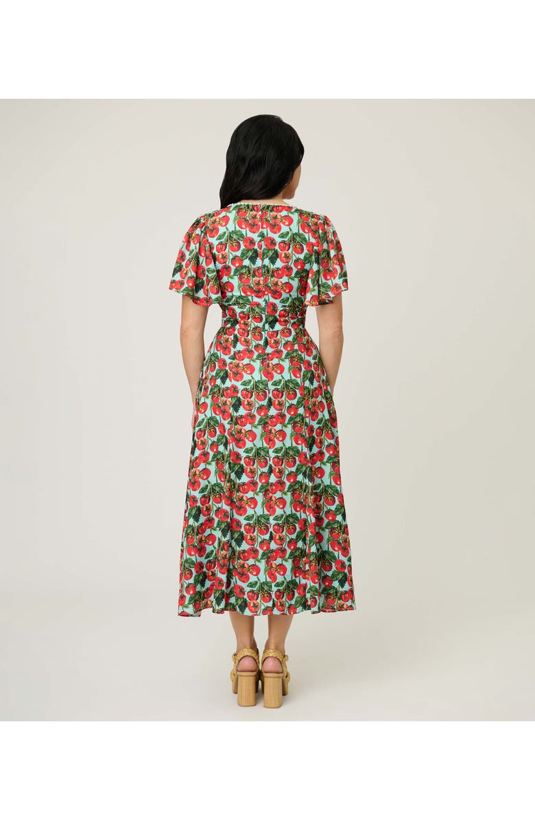 Unique Vintage Short Puff Sleeve Sweetheart Neck Godet Midi Dress, Alternate, color, Blue W/ Tomato Print