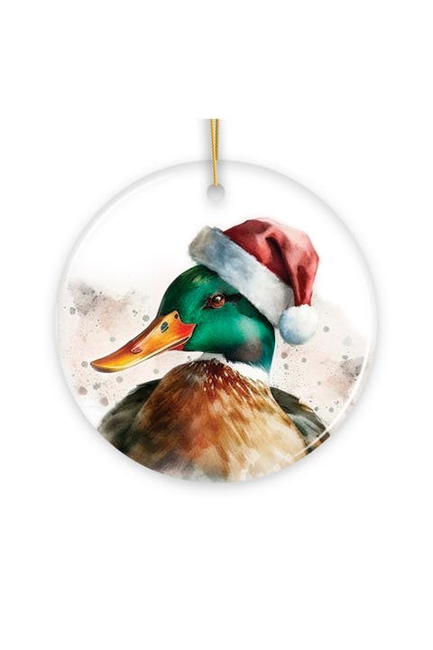 Mallard Duck Santa Hat Watercolor Round Ornament