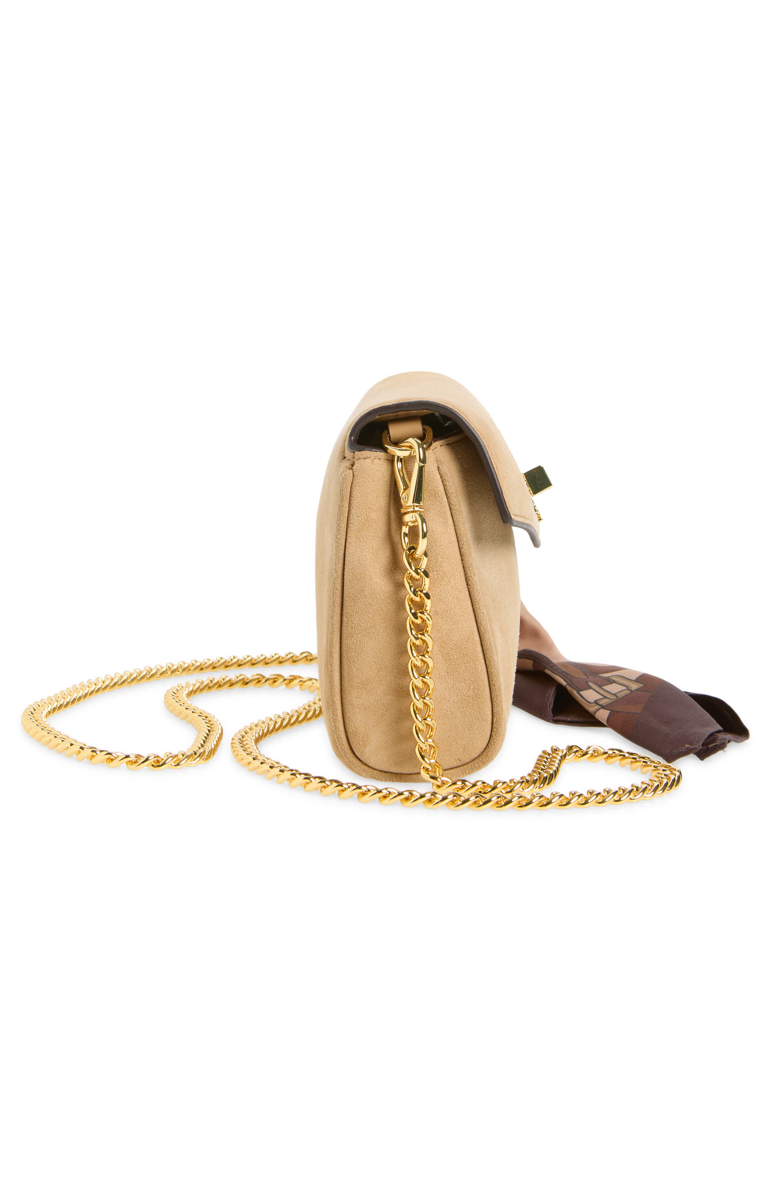 Small Suede Turnlock Crossbody Bag with Scarf, Alternate, color, CAMEL