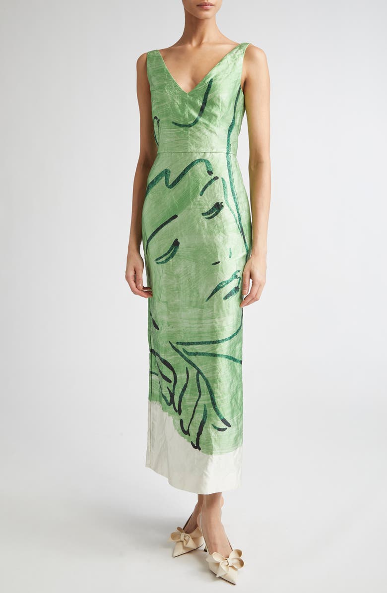 Erdem Sleeveless Crinkled Metallic Satin Cocktail Dress, Main, color, Abstract Dreamer Clover Green