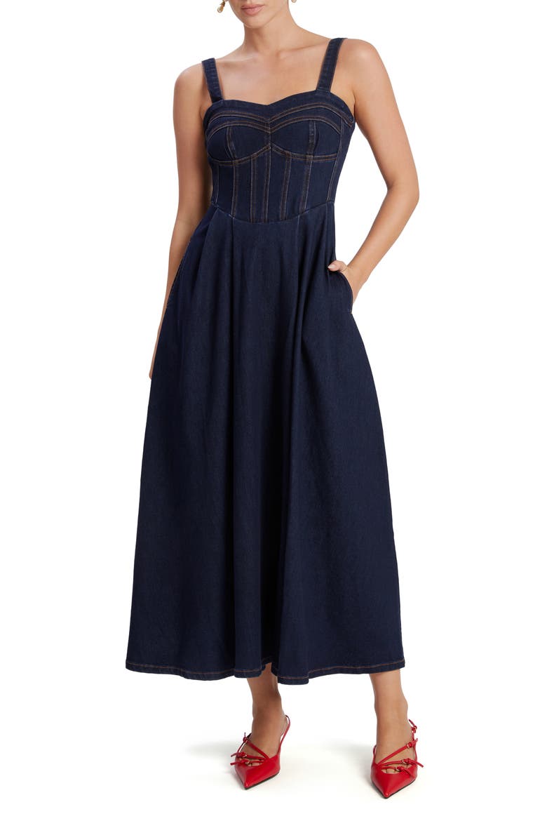 Lilah Corset Denim Midi Dress, Main, color, DARK