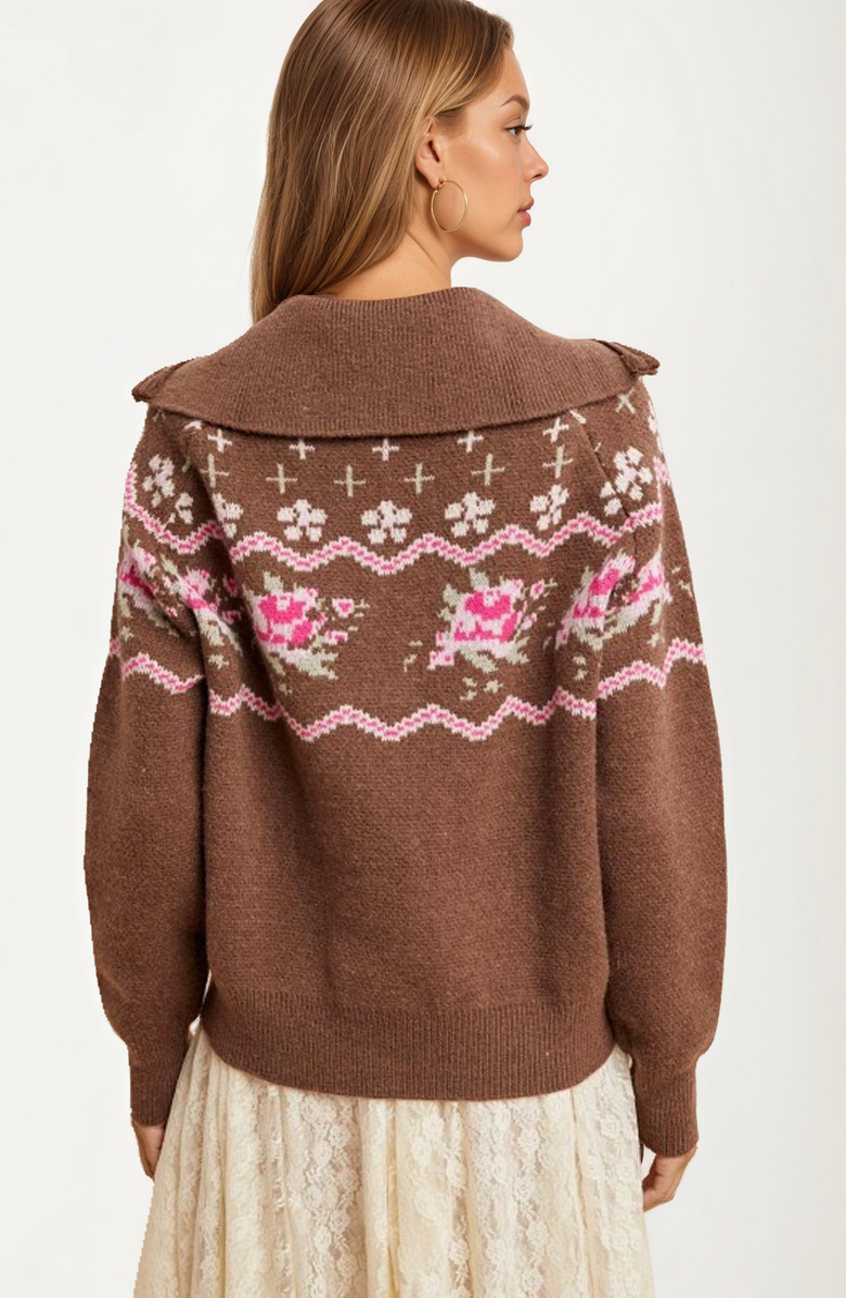Knit and Lounge Half-Zip Floral Fair Isle Sweater, Alternate, color, Brown Floral