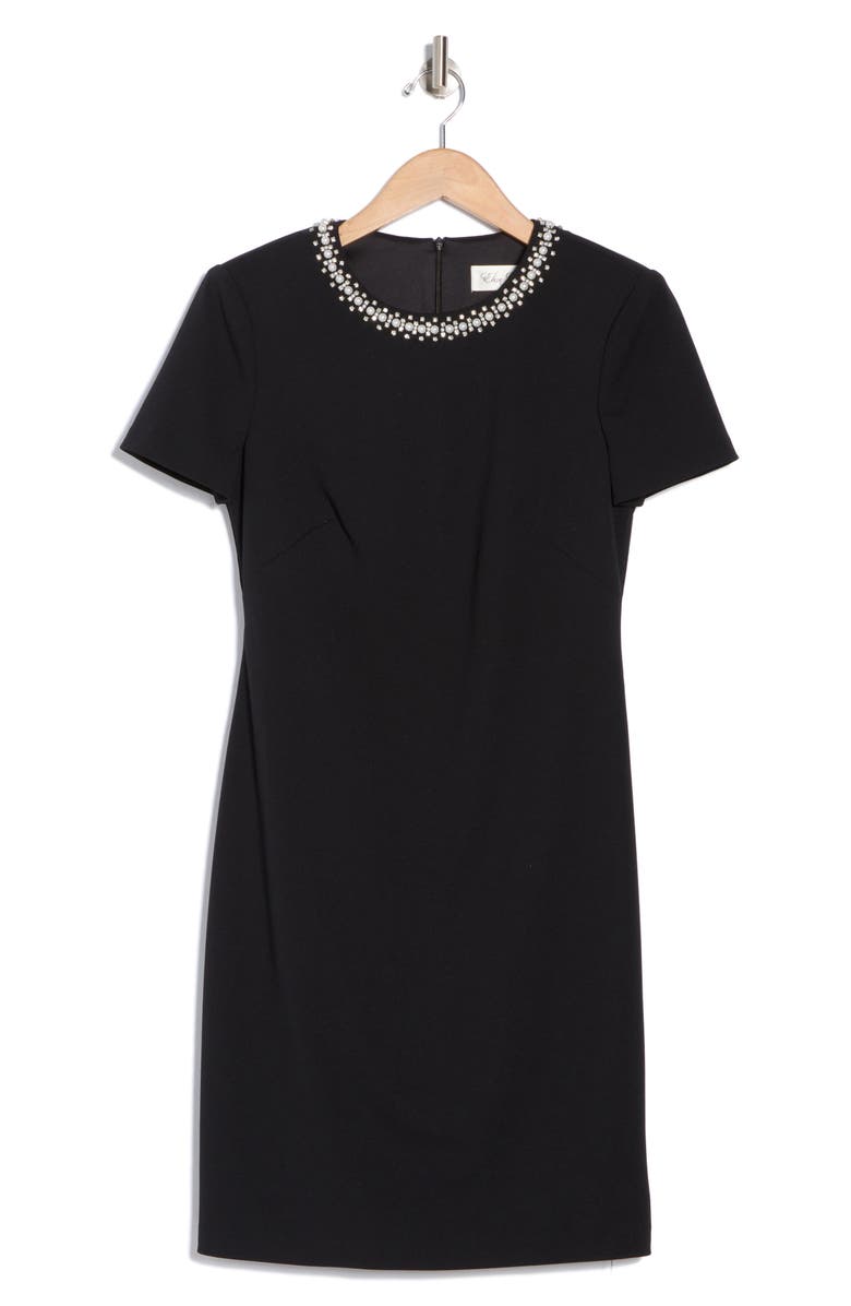Eliza J Embellished Neck Shift Dress, Alternate, color, Black