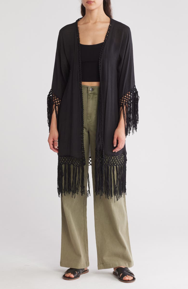 Forgotten Grace Long Fringe Knit Ruana, Main, color, Black