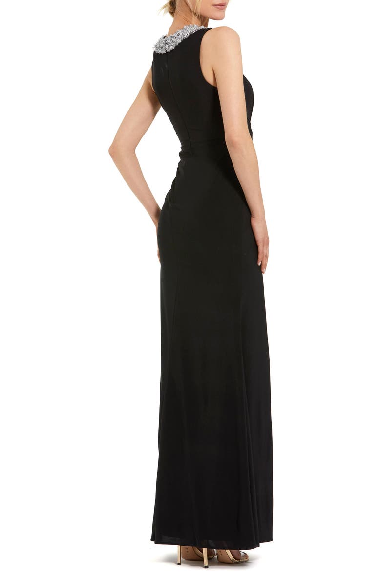 Mac Duggal Rhinestone Embellished High Neck Twist Waist Jersey Gown, Alternate, color, Black