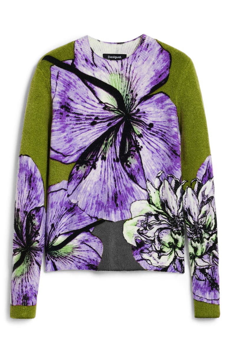 Desigual Floral Print Crewneck Sweater, Alternate, color, Lilac