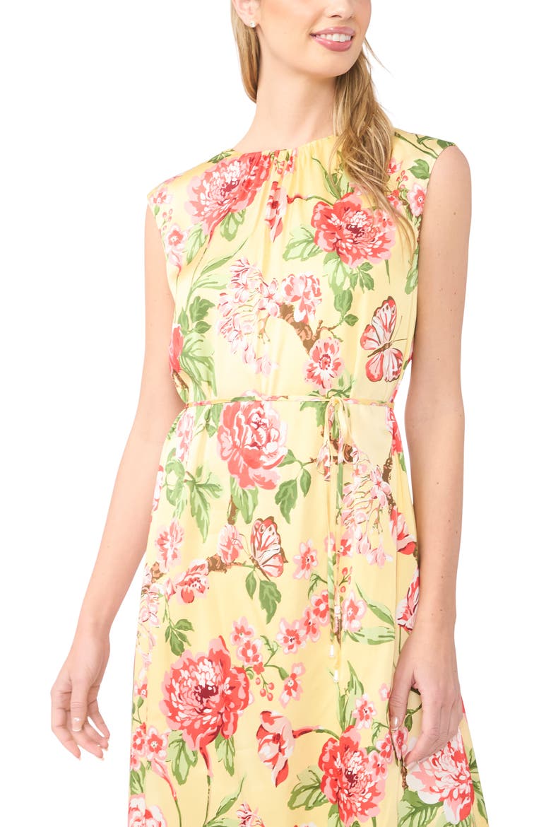 Floral Gathered Neck Midi Dress, Alternate, color, CREAMED CORN