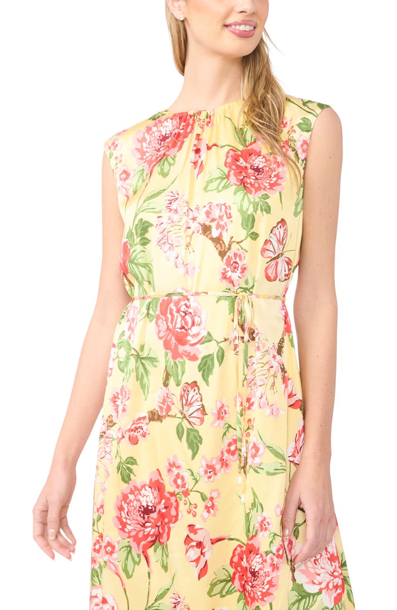 Ted Baker Floral Gathered Neck Midi Dress, Alternate, color, Creamed Corn