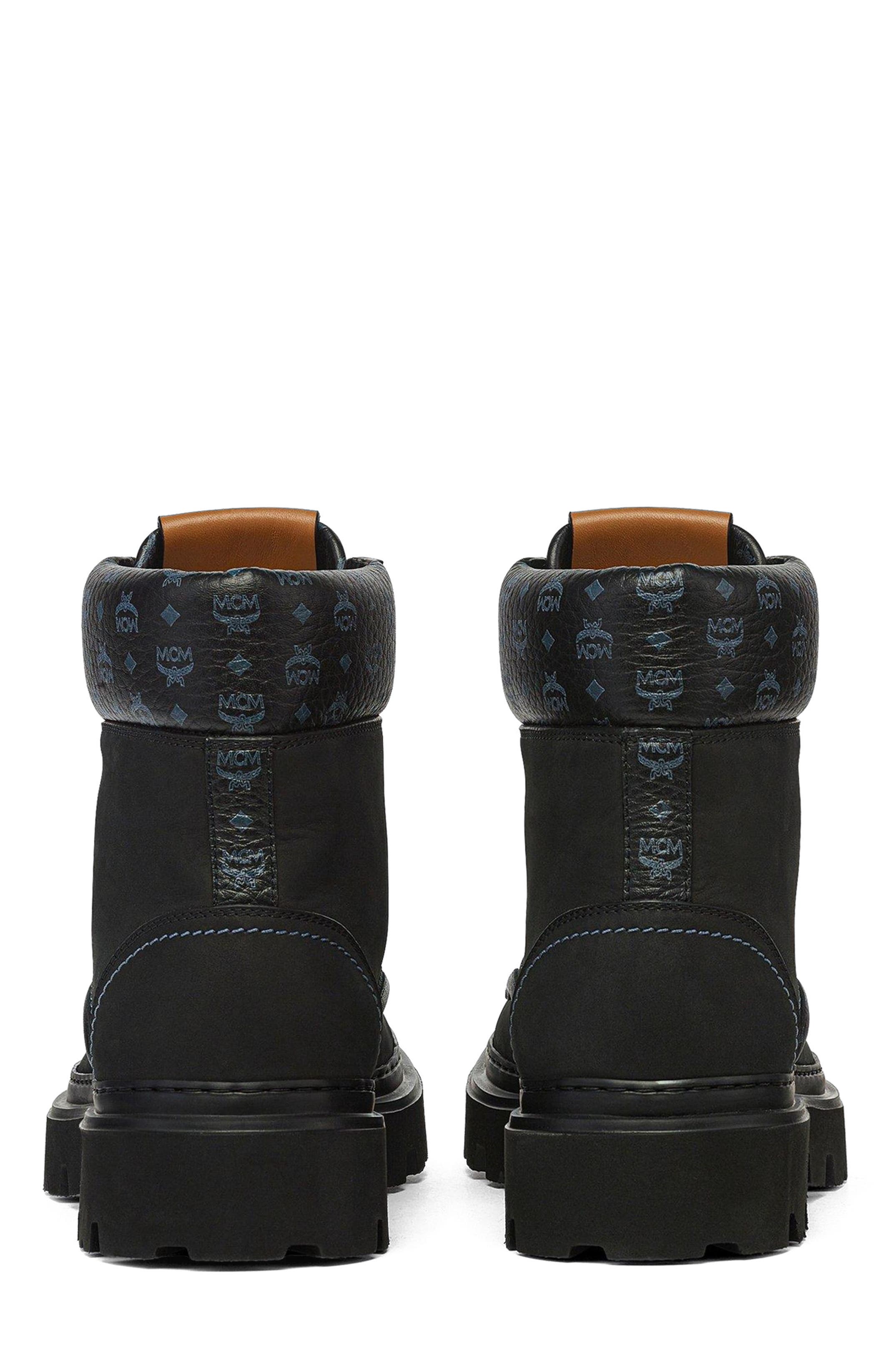 MCM Female Ankle Boots in Nubuck and Monogram Print Leather, Alternate, color, Black