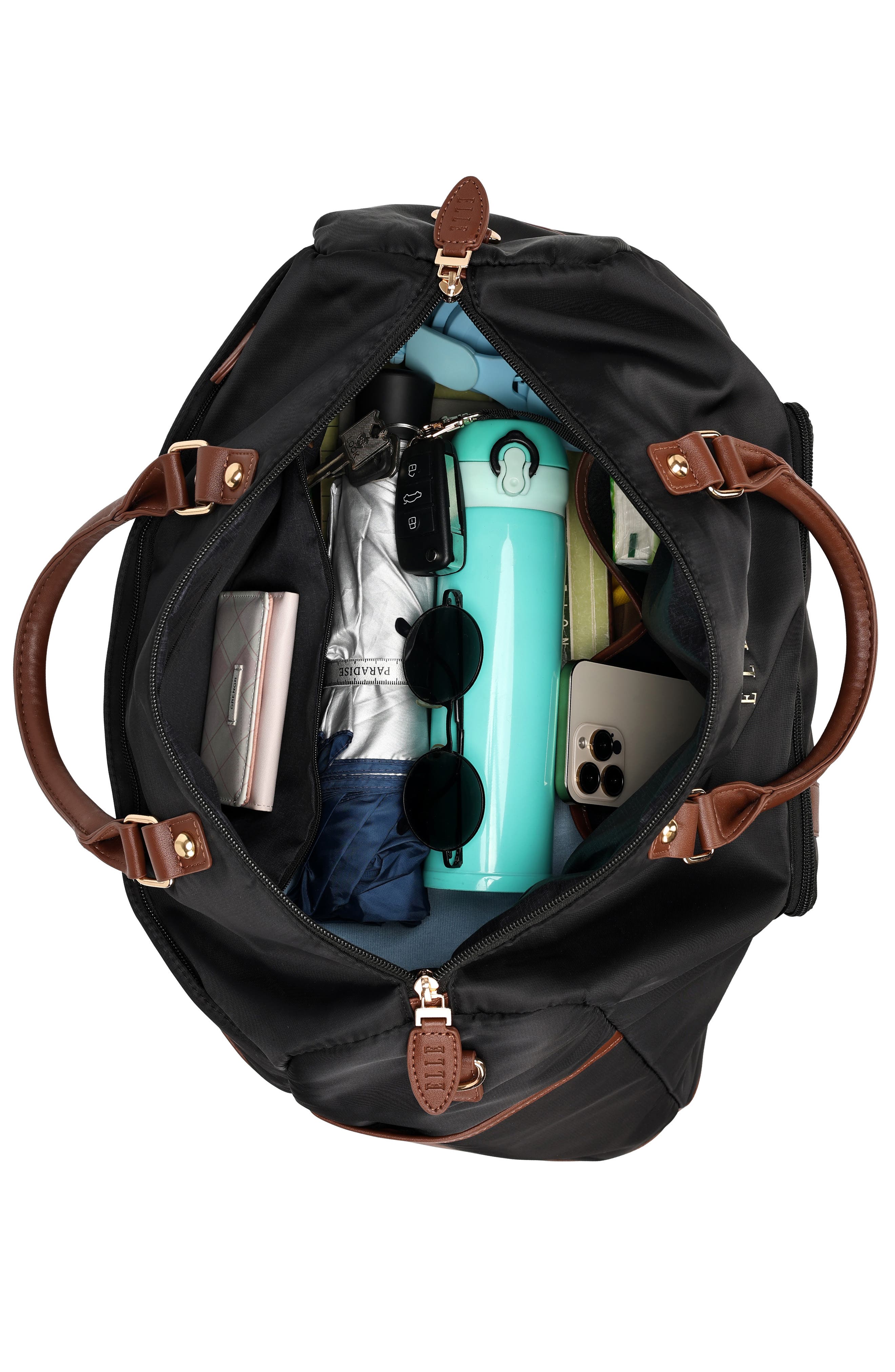 ELLE Luxe Journey 30L Twill and Vegan Leather Weekender Duffel Bag, Alternate, color, Black
