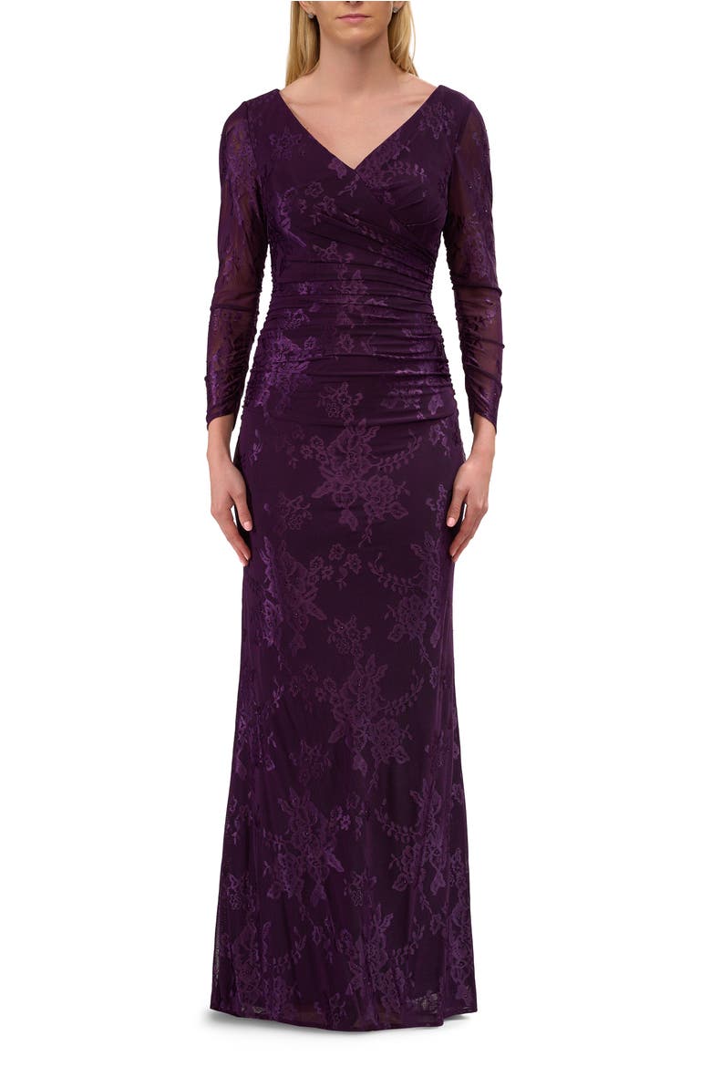 Chic Stretch Lace Evening Dress with Ruching and V Neckline, Main, color, Eggplant