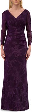 La Femme Chic Stretch Lace Evening Dress with Ruching and V Neckline
