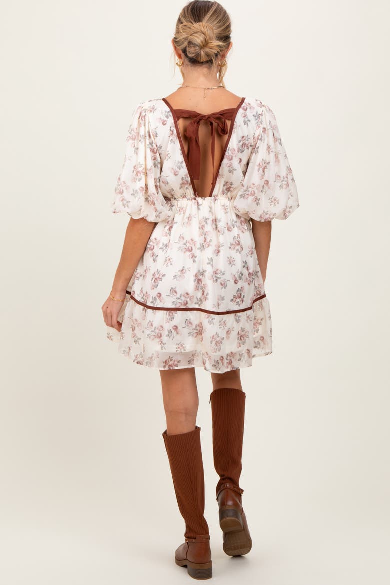 Floral Deep V-Neck Back Cutout Dress, Alternate, color, Cream