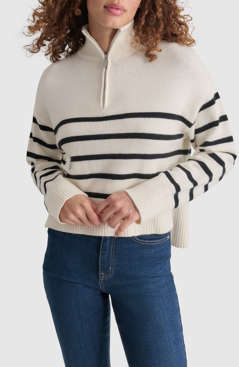 DKNY Jeans Stripe Quarter Zip Sweater, Main, color, Eggnog/ Black