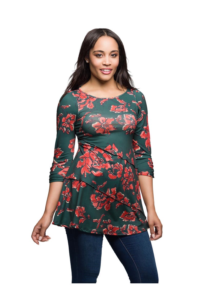 Floral Print Three Quarter Sleeve Tunic Top, Alternate, color, Orange Multi
