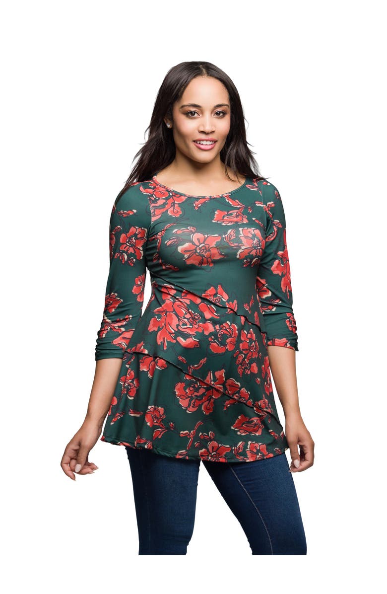 24seven Comfort Apparel Floral Print Three Quarter Sleeve Tunic Top, Alternate, color, Orange Multi