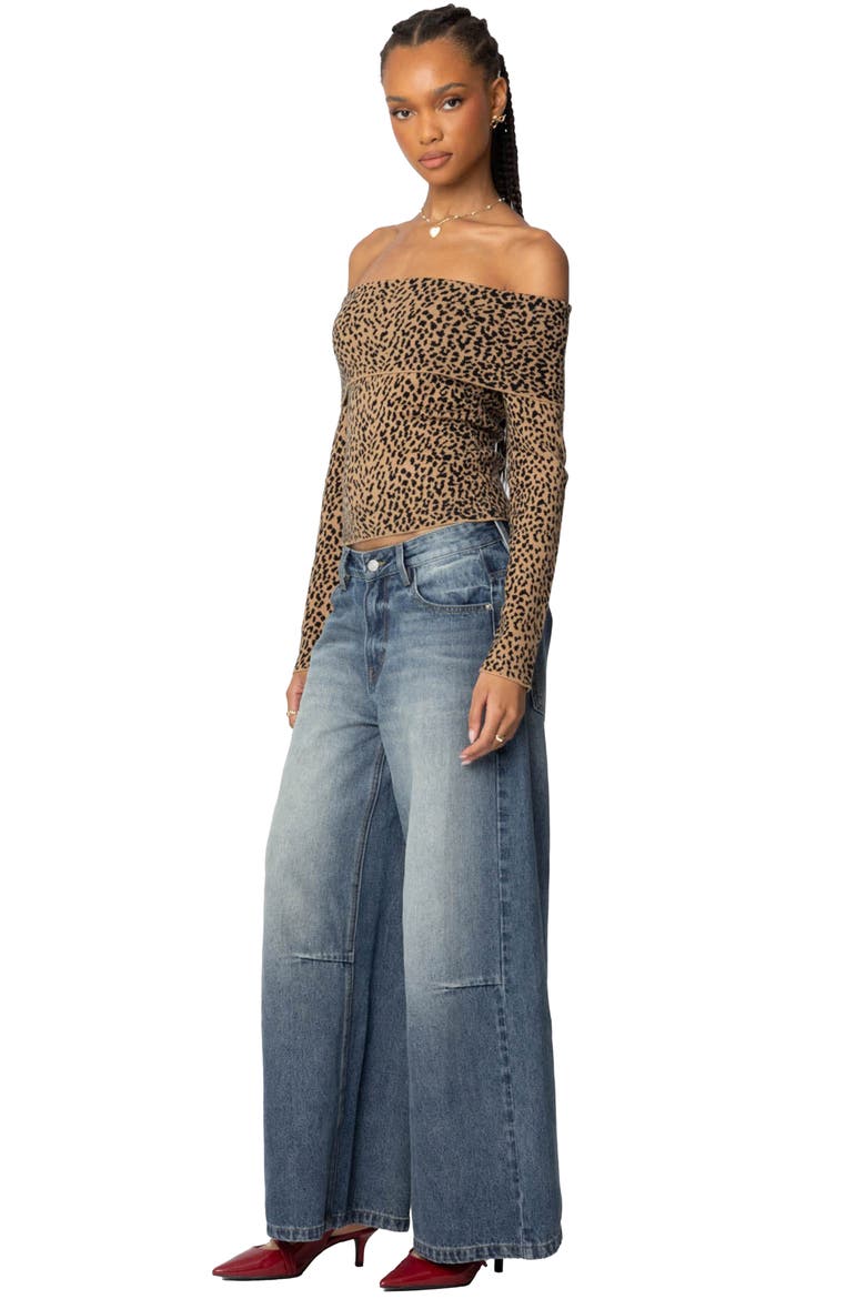 Leopard Print Fold Over Off the Shoulder Knit Top, Alternate, color, LEOPARD