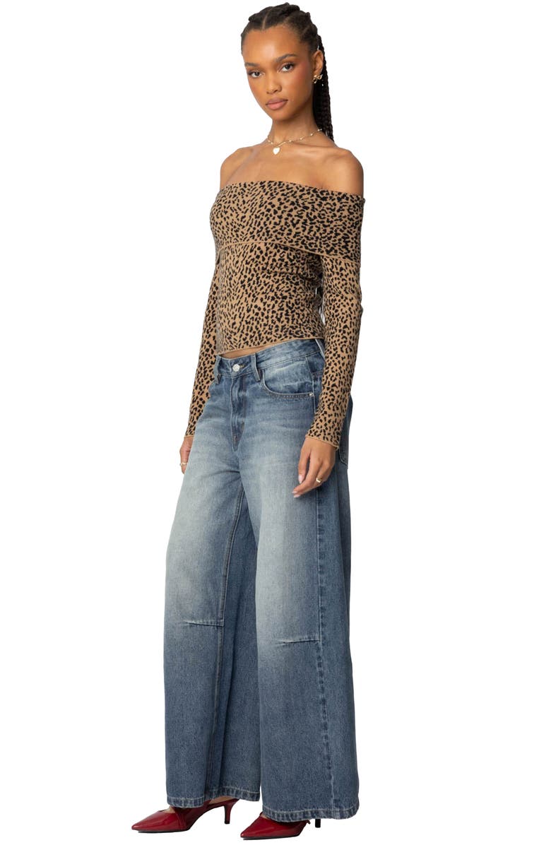 EDIKTED Leopard Print Fold Over Off the Shoulder Knit Top, Alternate, color, Leopard