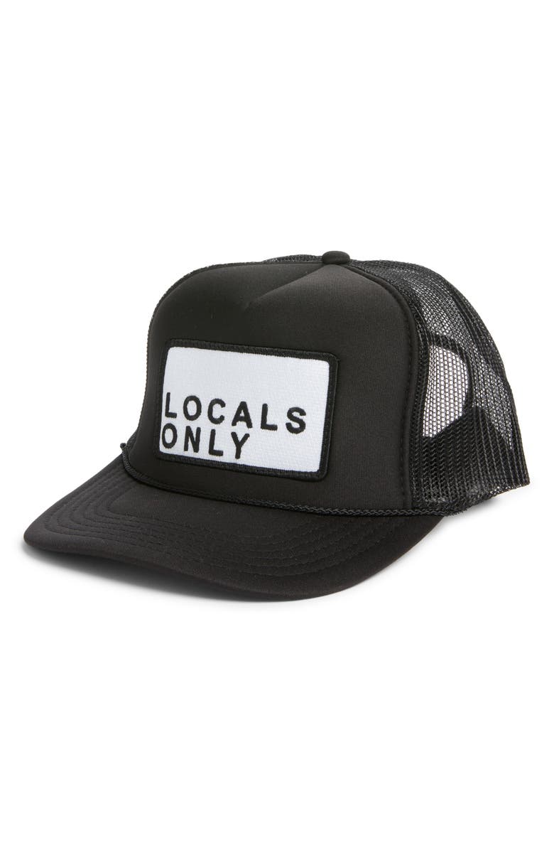 Friday Feelin’ Locals Only Patch Trucker Hat, Main, color, Black
