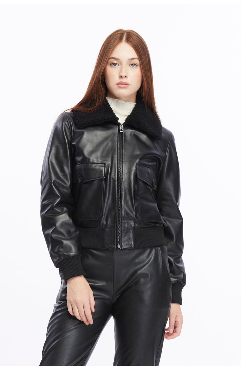 Furniq UK Florence Leather Bomber Jacket, Alternate, color, Black
