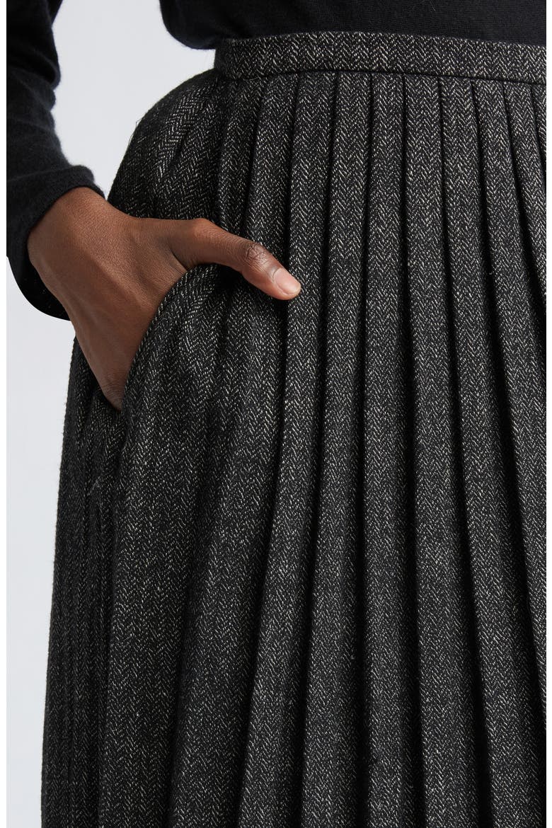 Pleated Herringbone Linen & Wool Blend Midi Skirt, Alternate, color, WOOL-100