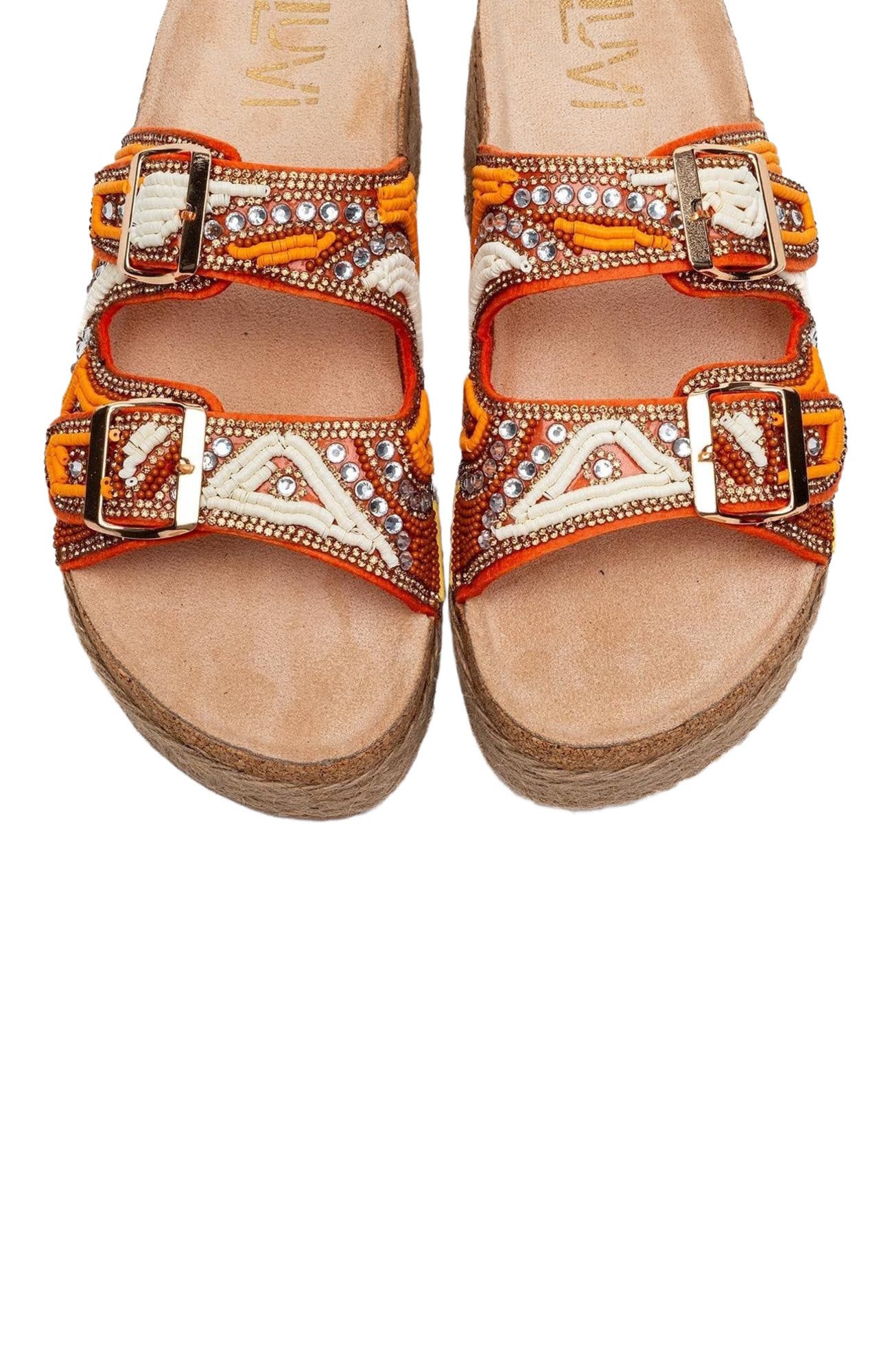 Bobby Beaded Straw Platform Slide Sandal, Alternate, color, Orange Faux Leather