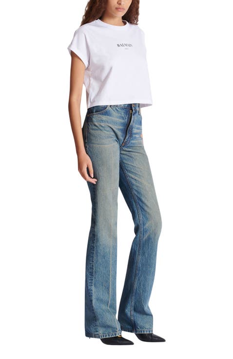 Cropped T-Shirt with Balmain Print
