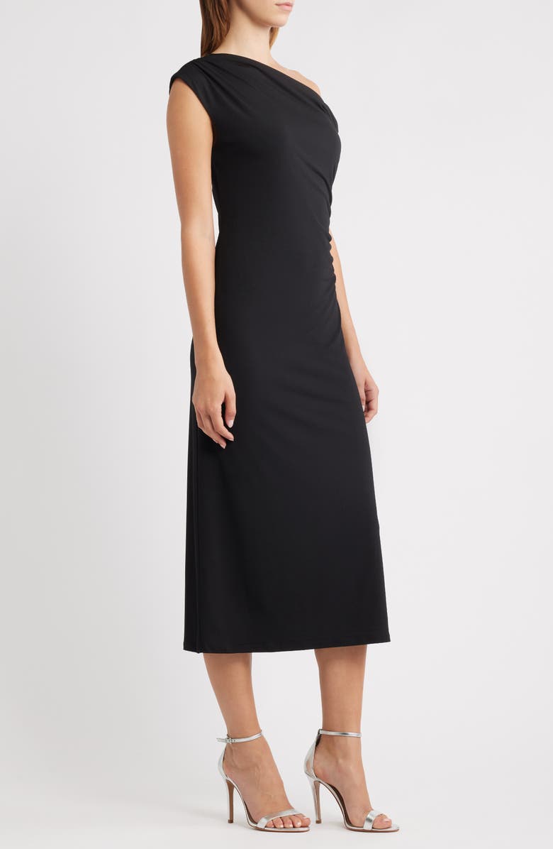 WAYF Tara One-Shoulder Cocktail Midi Dress, Alternate, color, Black