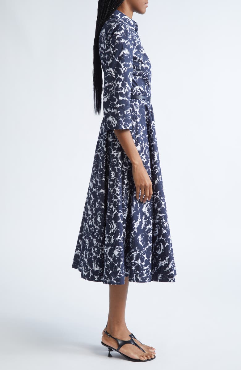 Michael Kors Collection Graphic Floral Chiné Belted Cotton Poplin Shirtdress, Alternate, color, Midnight/ Optic White