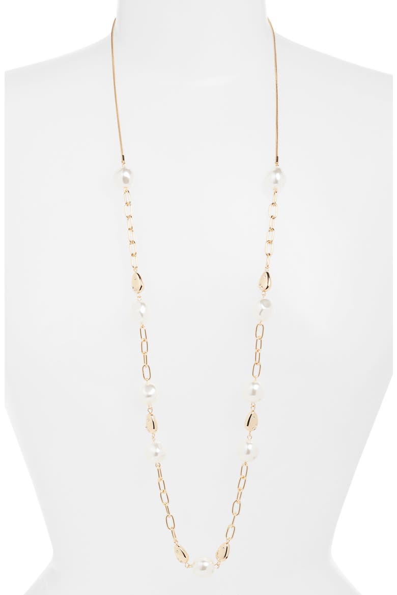 Faux Pearl Station Chain Long Necklace, Main, color, CLEAR- WHITE- GOLD