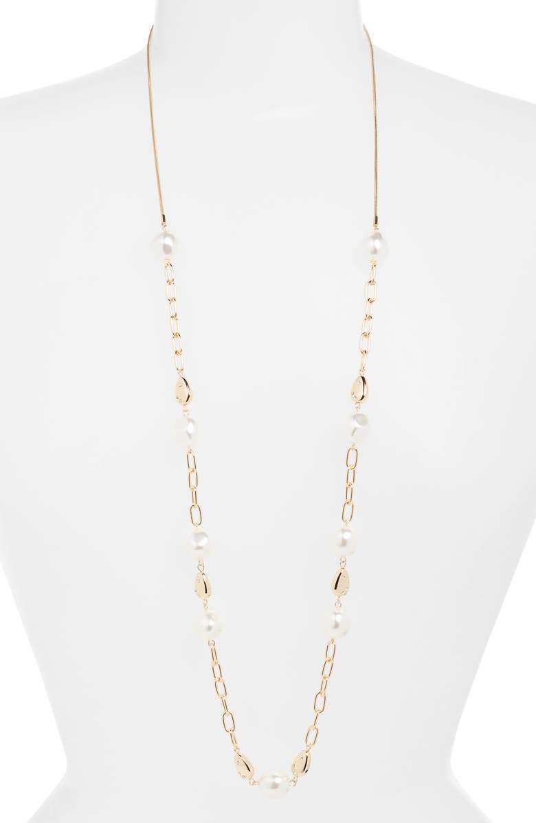 Nordstrom Faux Pearl Station Chain Long Necklace, Main, color, Clear- White- Gold