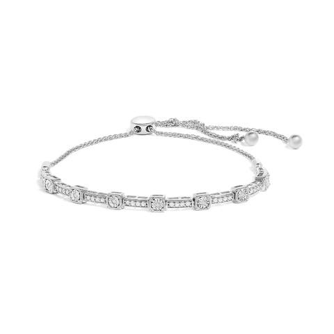 Silver 1/4 Cttw Diamond Bolo Square and Rectangle Bolo Bracelet