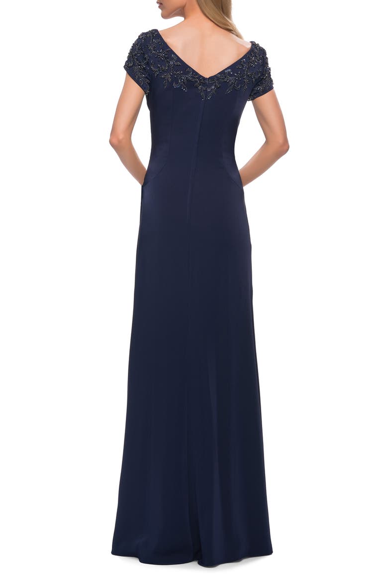 Crystal Detail Cap Sleeve Jersey Sheath Gown, Alternate, color, NAVY