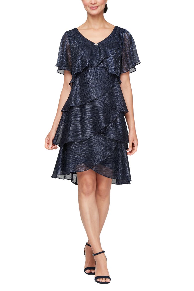 Embellished V-Neck Short Sleeve Shimmer Bodre Tier Cocktail Dress, Main, color, NAVY