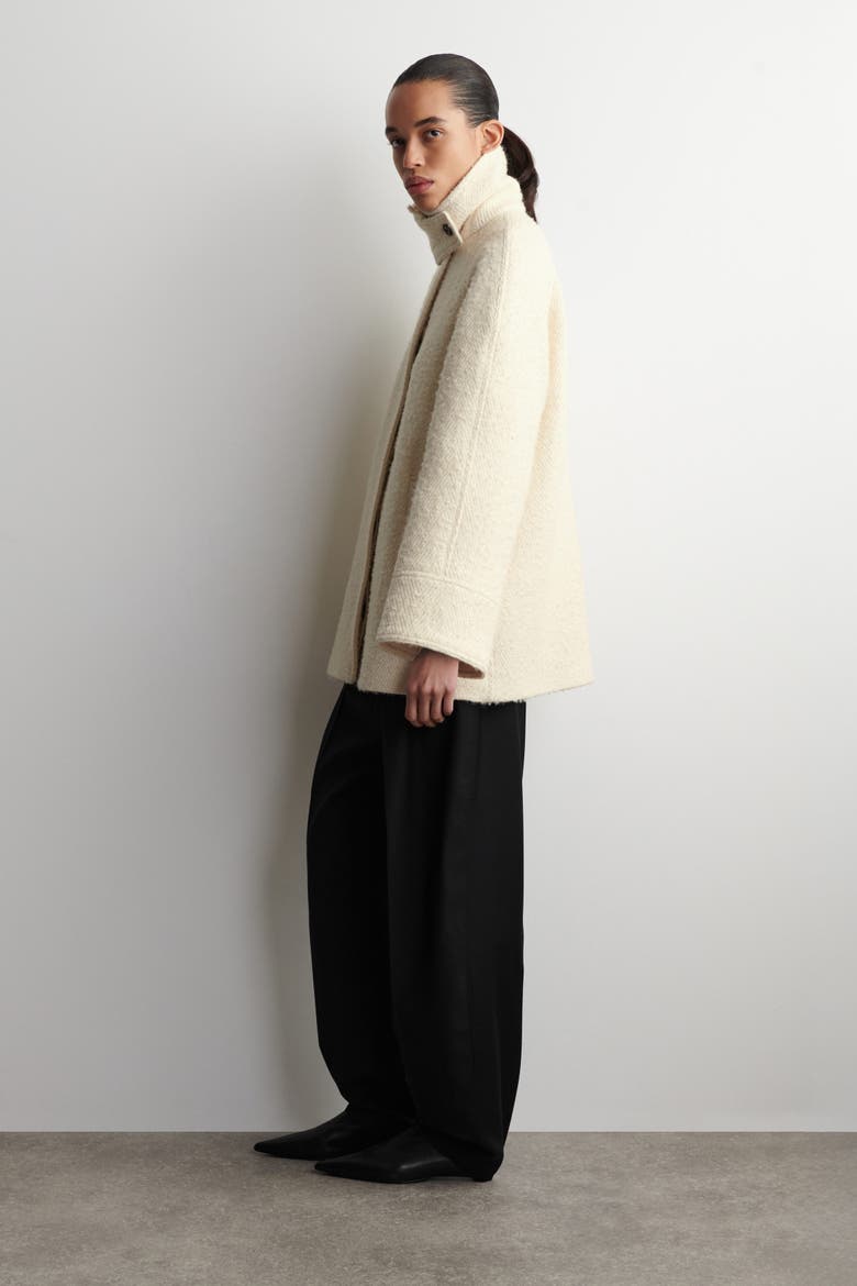 Mock-Neck Wool-Herringbone Short Coat, Alternate, color, CREAM