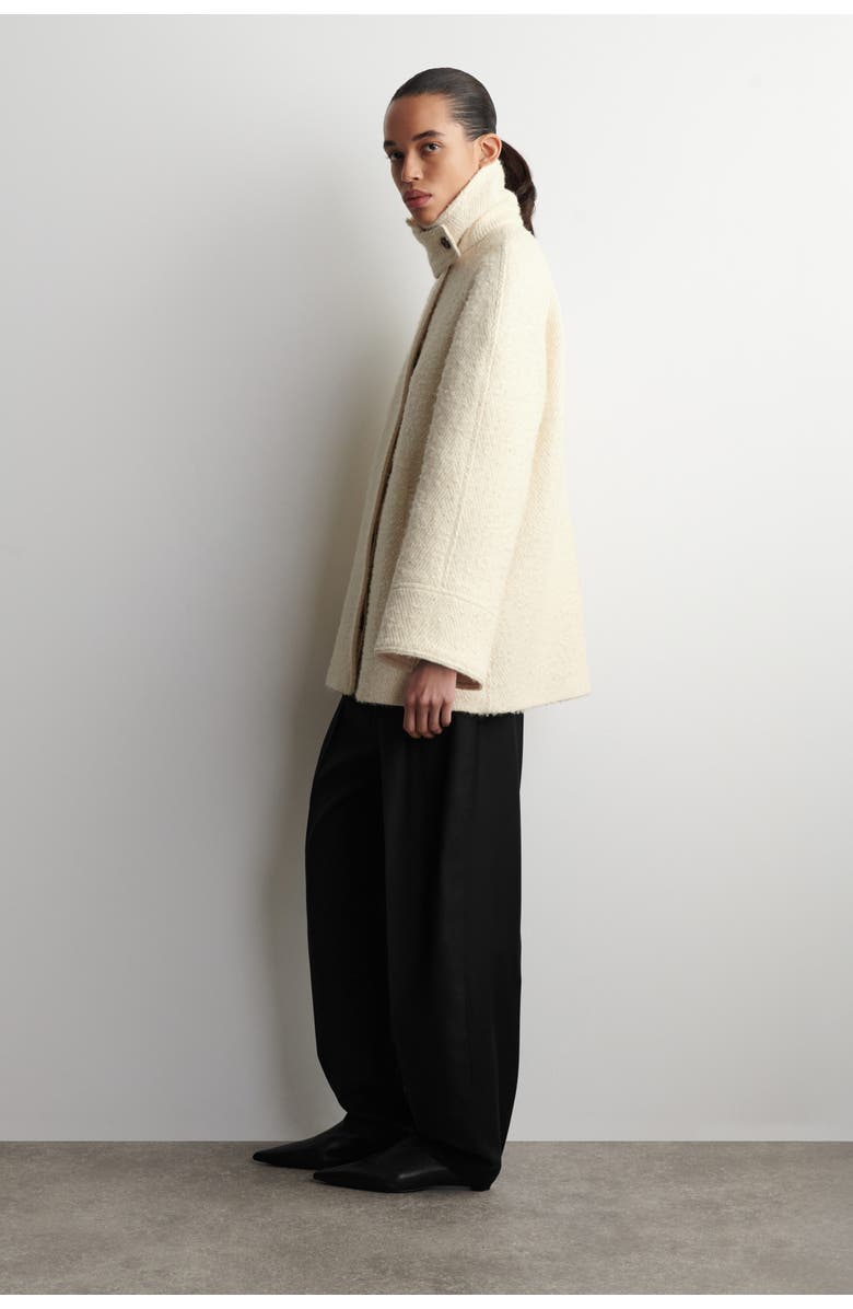 COS Mock-Neck Wool-Herringbone Short Coat, Alternate, color, Cream