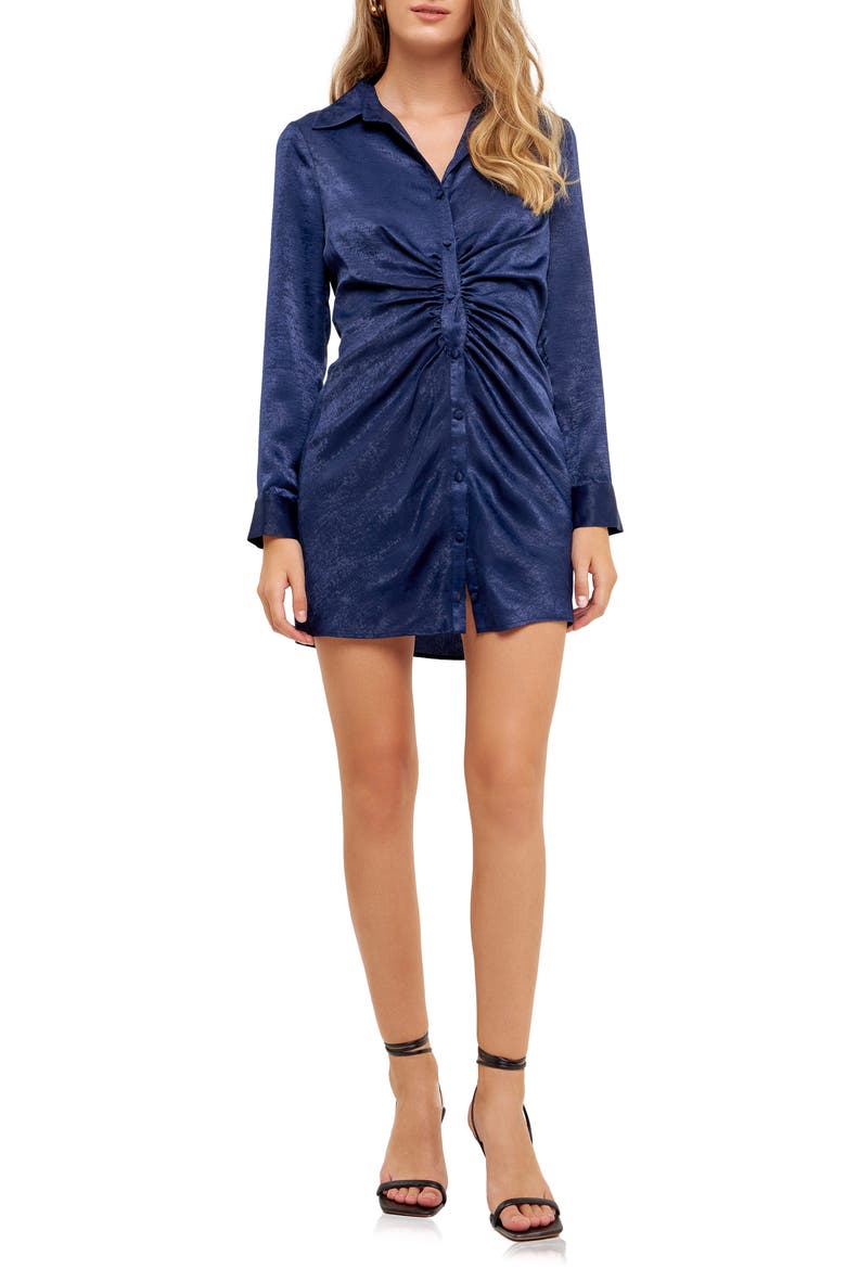 Ruched Long Sleeve Satin Shirtdress, Alternate, color, NAVY