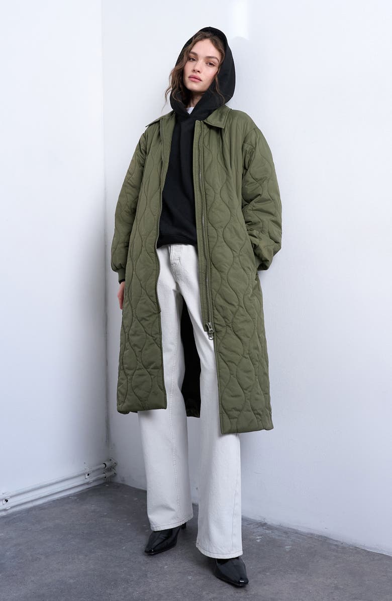 Topshop Belted Quilted Liner Jacket, Main, color, Medium Green