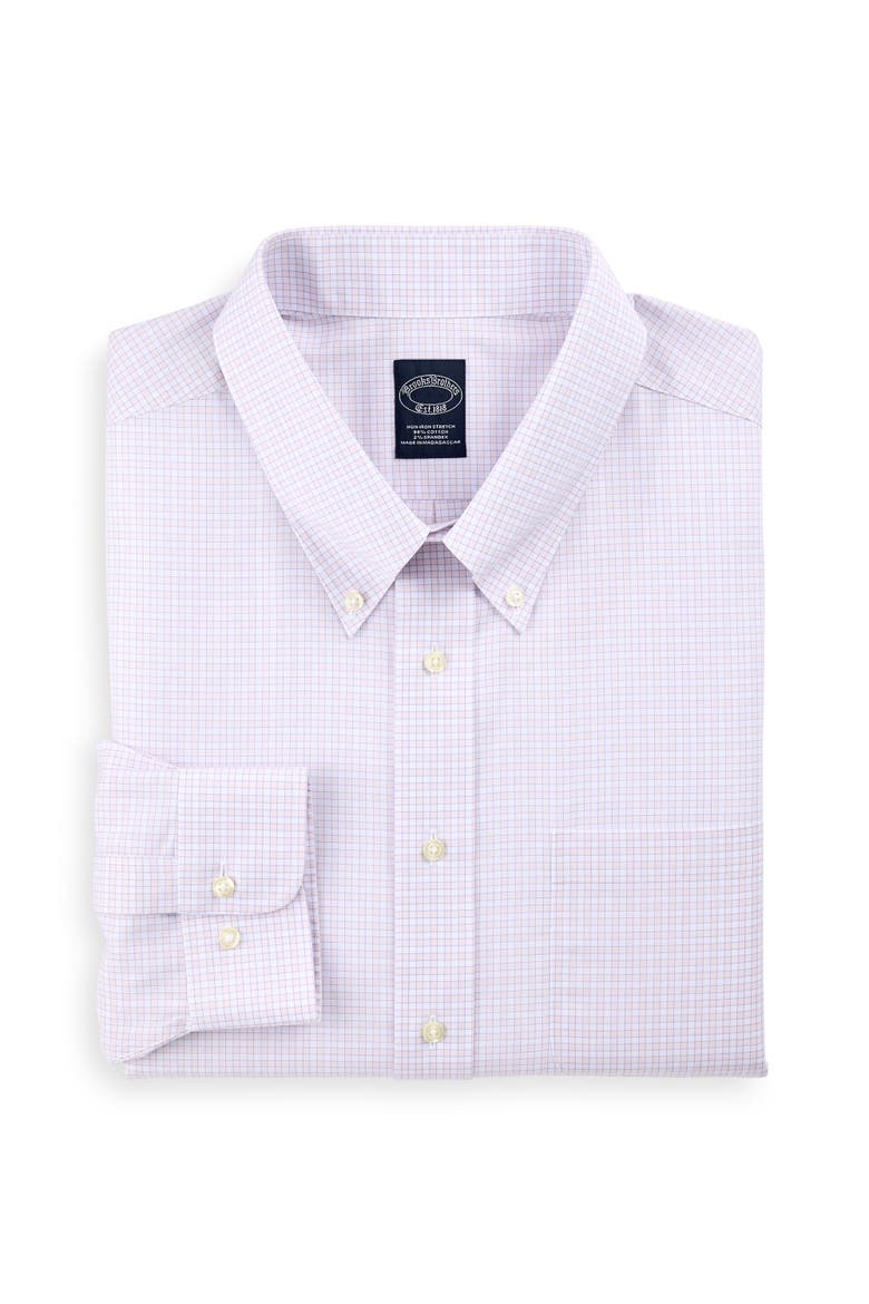 Big & Tall Non-Iron Grid Patterned Dress Shirt, Main, color, PEACH