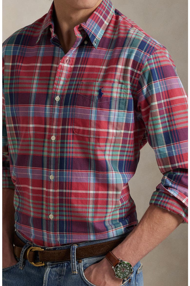Classic Fit Plaid Cotton Oxford Button-Up Shirt, Alternate, color, RED/ GREEN MULTI