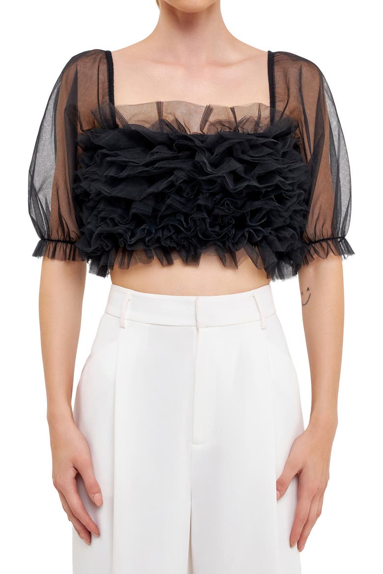 Ruffle Puff Sleeve Tulle Crop Top, Alternate, color, BLACK
