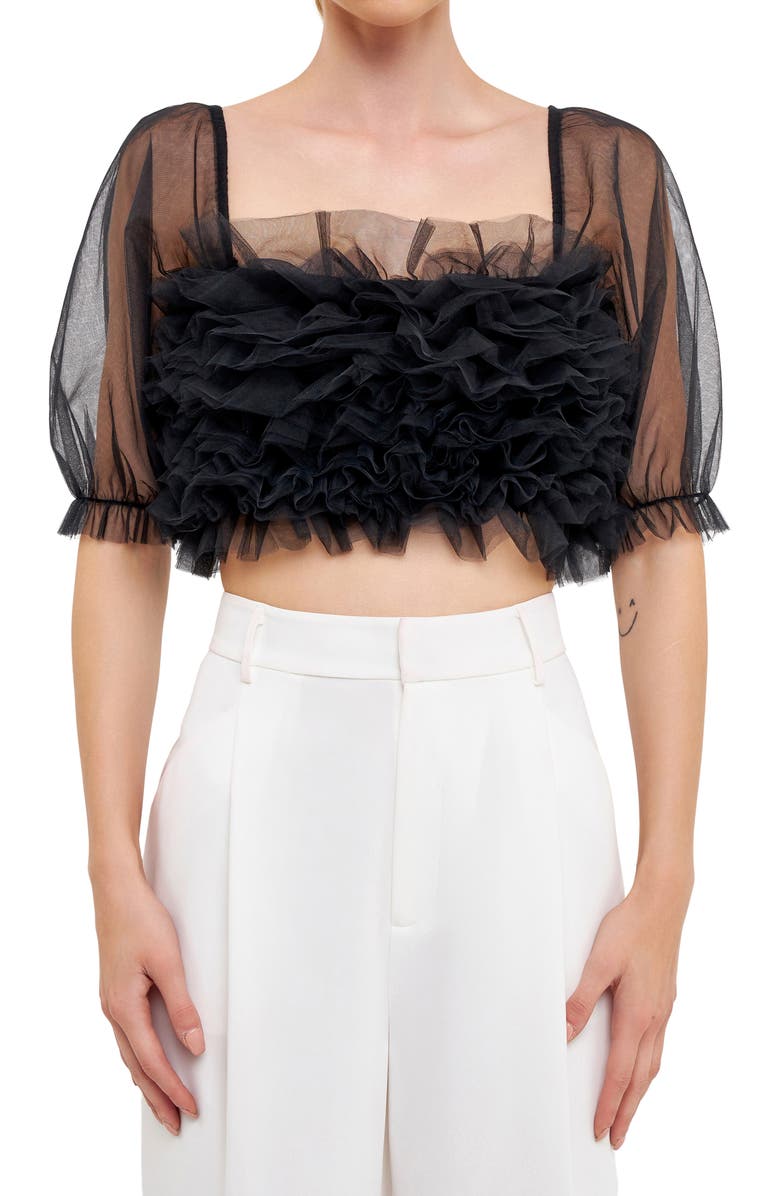 Endless Rose Ruffle Puff Sleeve Tulle Crop Top, Alternate, color, Black
