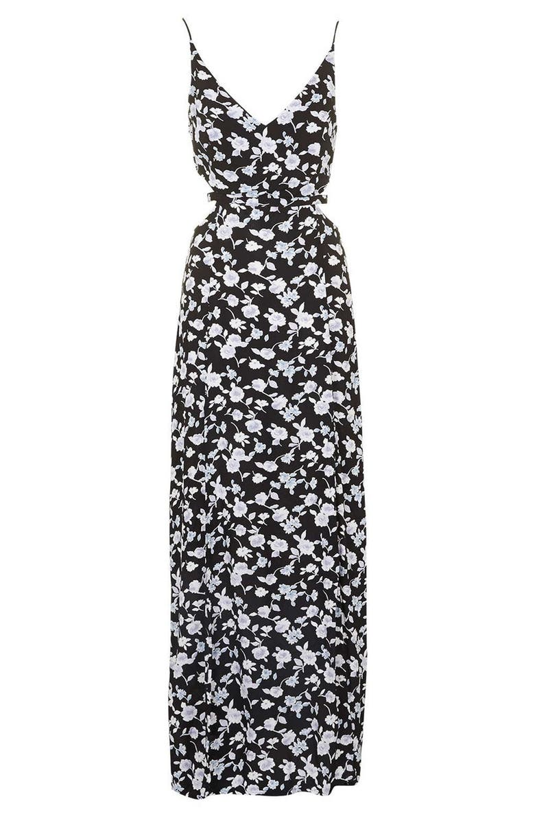 Topshop Rose Print Cutout Maxi Dress, Alternate, color,