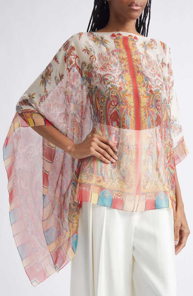 Etro Paisley Print Silk Poncho, Alternate, color, Print On White Base